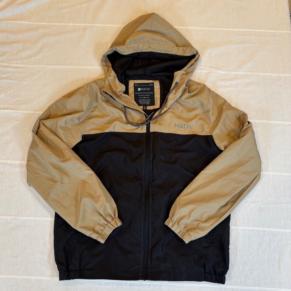 Matix Mens Hooded Windbreaker Jacket Tan Black Colorblock Mesh Lined Large